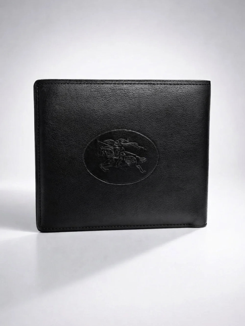 Burberry Black Leather Embossed Equestrian Bi-Fold Wallet